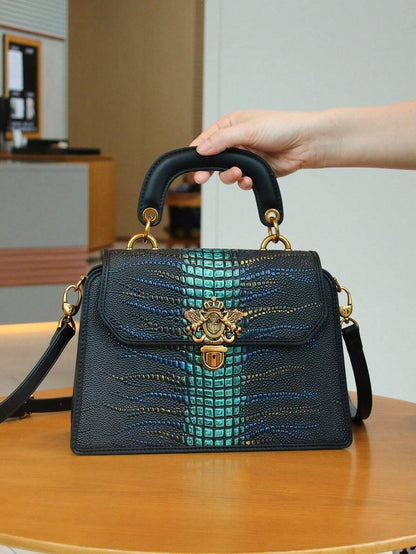 Luxury Custom 2025 New Vintage Women'S Handbag, Fashion Elaborate Luxurious Blue & Gold Snake Print Lock Ornament Tote Bag, Mature Style Shoulder & Crossbody Bag, Detachable Handle