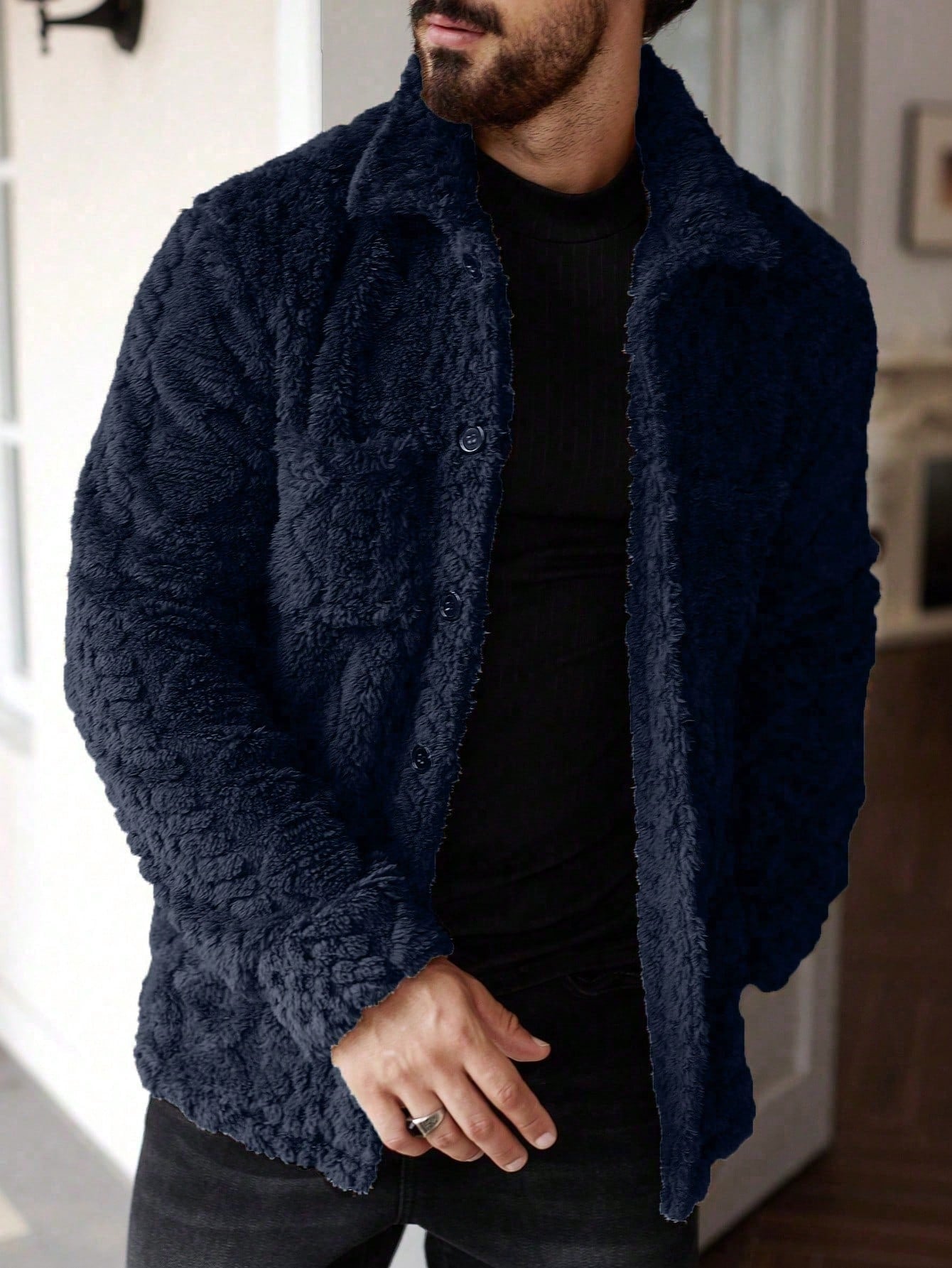 Manfinity Homme Men'S Casual Solid Color Fuzzy Jacket for Autumn/Winter ,Men Flannel,Winter Men Jacket, Going Out Warm Long Sleeve Jacket, for Friends, Husband, Boyfriend Gifts