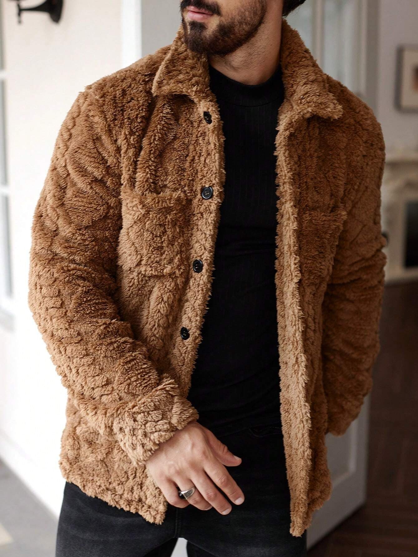 Manfinity Homme Men'S Casual Solid Color Fuzzy Jacket for Autumn/Winter ,Men Flannel,Winter Men Jacket, Going Out Warm Long Sleeve Jacket, for Friends, Husband, Boyfriend Gifts