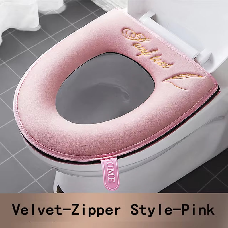 Luxurious Winter Warm Universal Toilet Seat Cover - Soft, Waterproof, and Washable with Convenient Handle