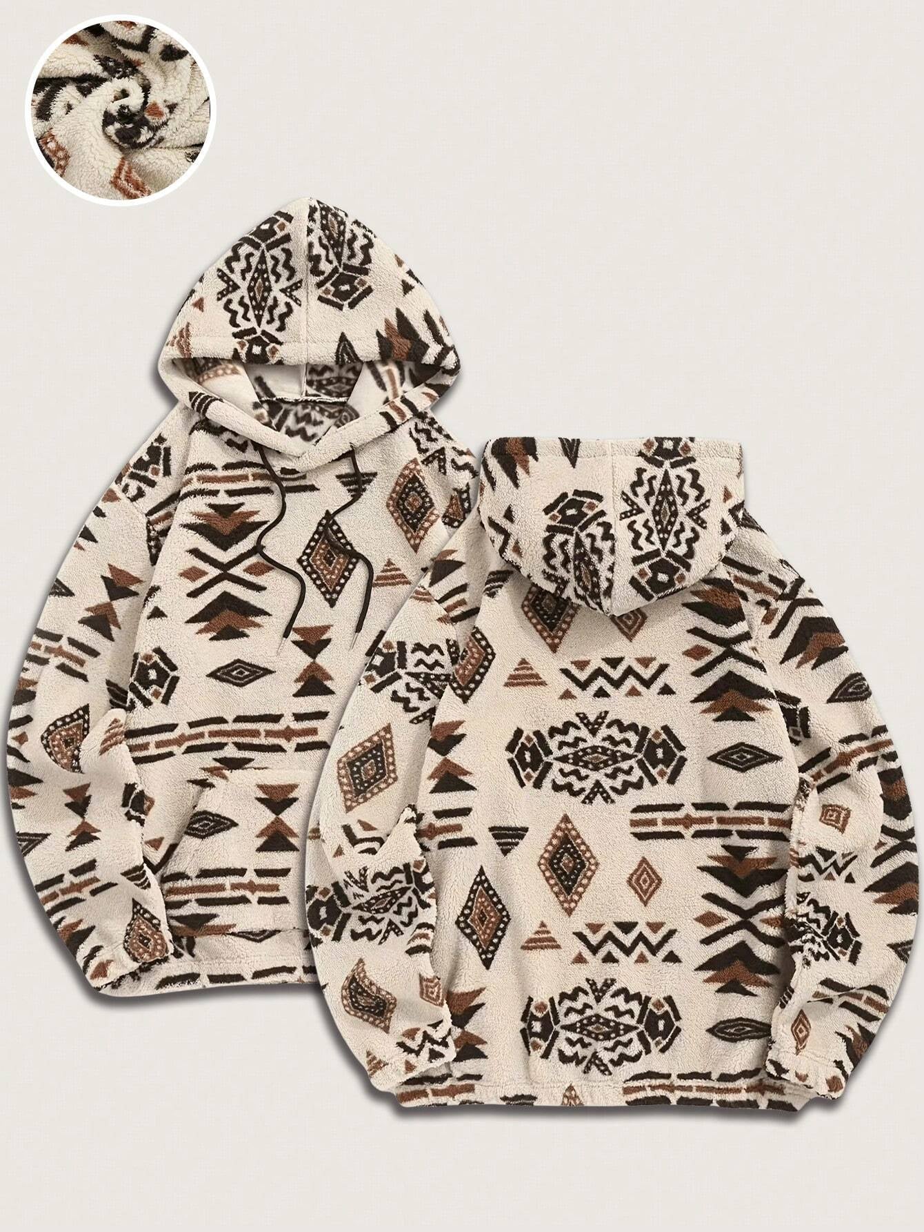 Men'S Totem Print Hooded Sherpa Fleece Sweatshirt