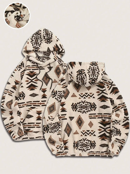 Men'S Totem Print Hooded Sherpa Fleece Sweatshirt