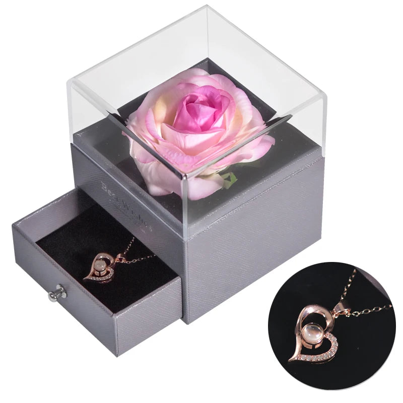 Eternal Rose Jewelry Box with 100 Languages "I Love You" Necklace – The Ultimate Romantic Gift!