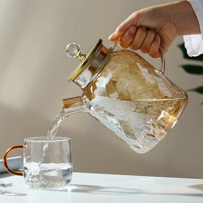 Glass Tea Kettle with Bamboo Lid and Removable Filter Spout Champagne Teapot for Loose Leaf Blooming Tea and Fruit Tea 1/1.8L