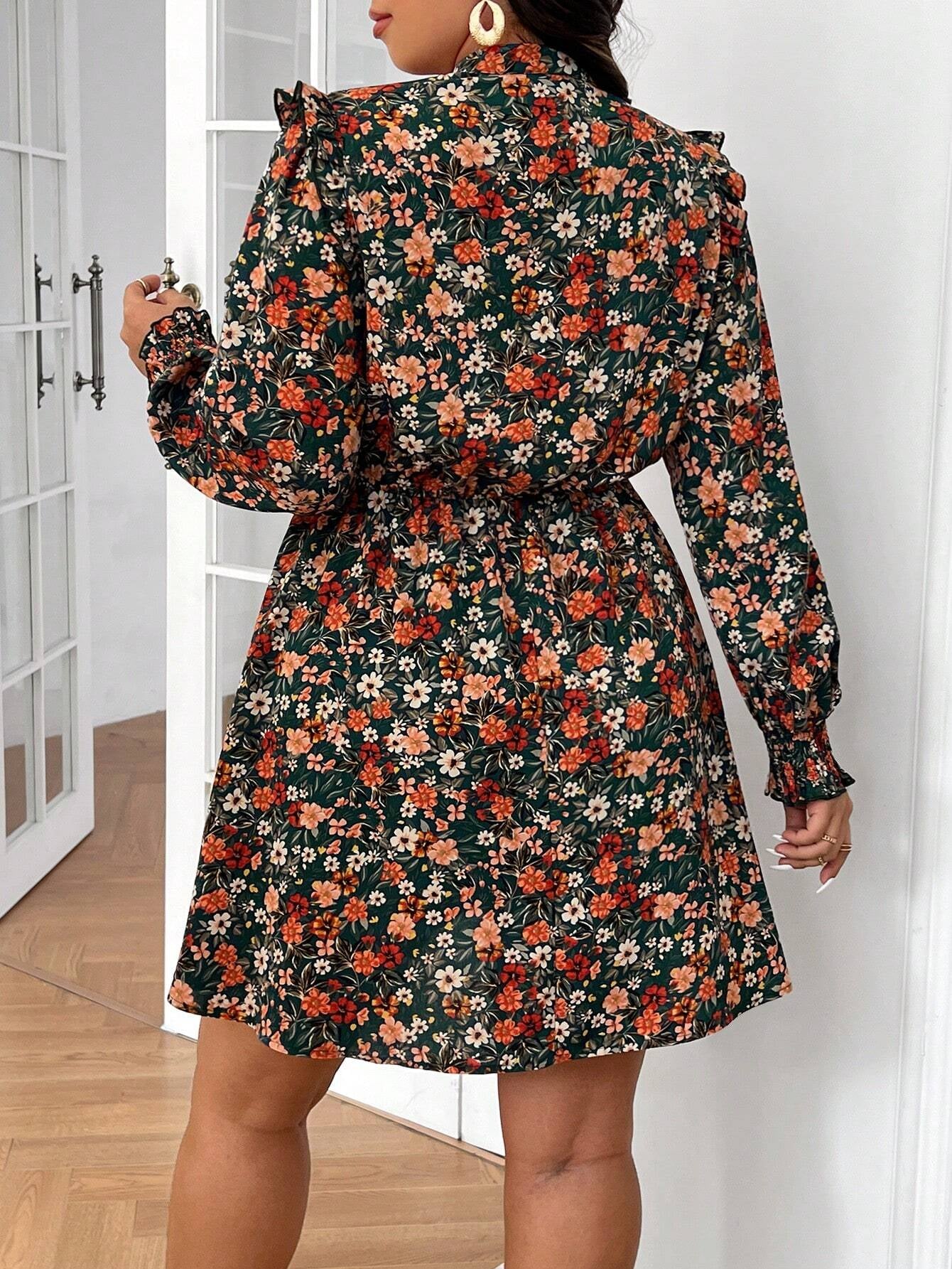 Plus Size Floral Notch Neck Dress for Women - Elegant Long Sleeve Casual Attire for Spring, Summer, and Fall