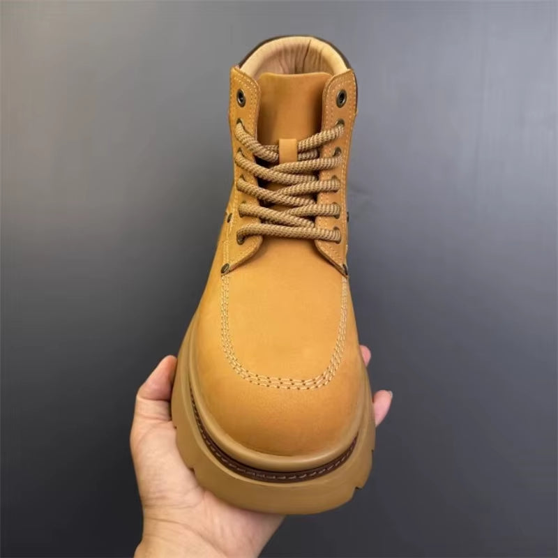 Men'S Genuine Leather Thick Soled Ankle Boots Fashion Waterproof Man Lace up Designer Boot