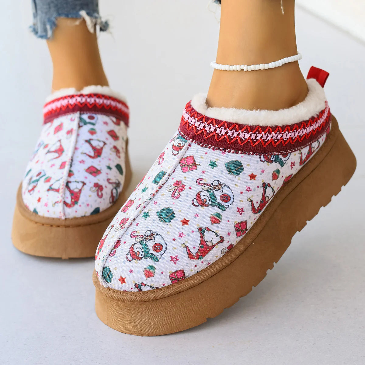 Women'S Cartoon Christmas Print Ankle Boots Casual Slip on Plush Lined Home Shoes Comfortable Winter Short Boots