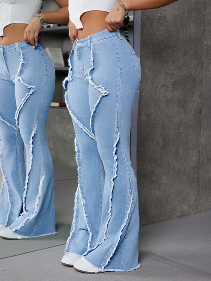 ICON Patchwork Frayed Trim Slim Fit Flared Jeans