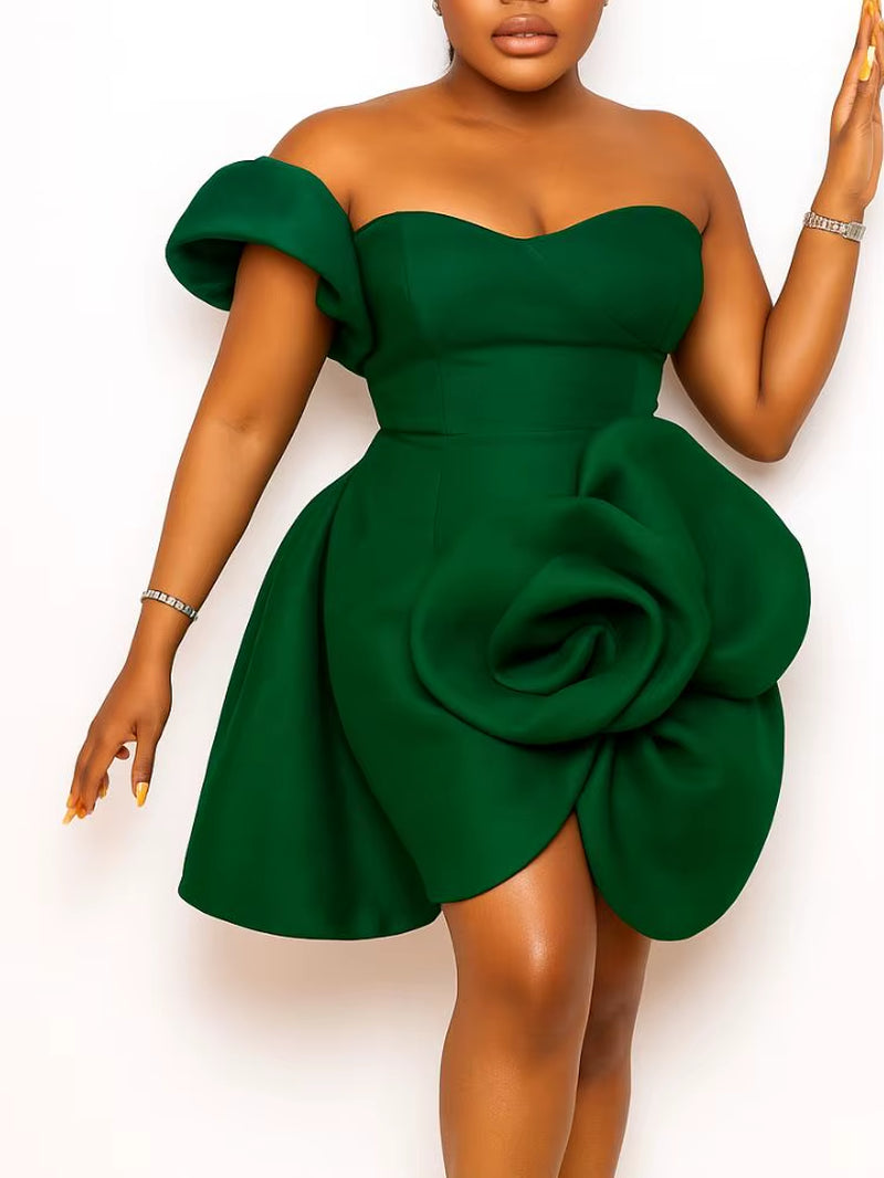 Women Sexy Tube Top Mini Dresses 3D Big Flower Party off Shoulder Bodycon Evening Wedding Guest Celebrate Event Home Coming New