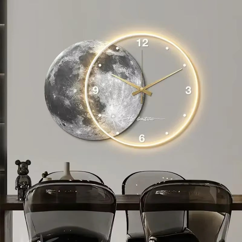 Large Wall Clock Luxury Dining Room Living Room Moon the Earth Modelling LED Light Silent Movement Bedroom Clock Wall Decoration