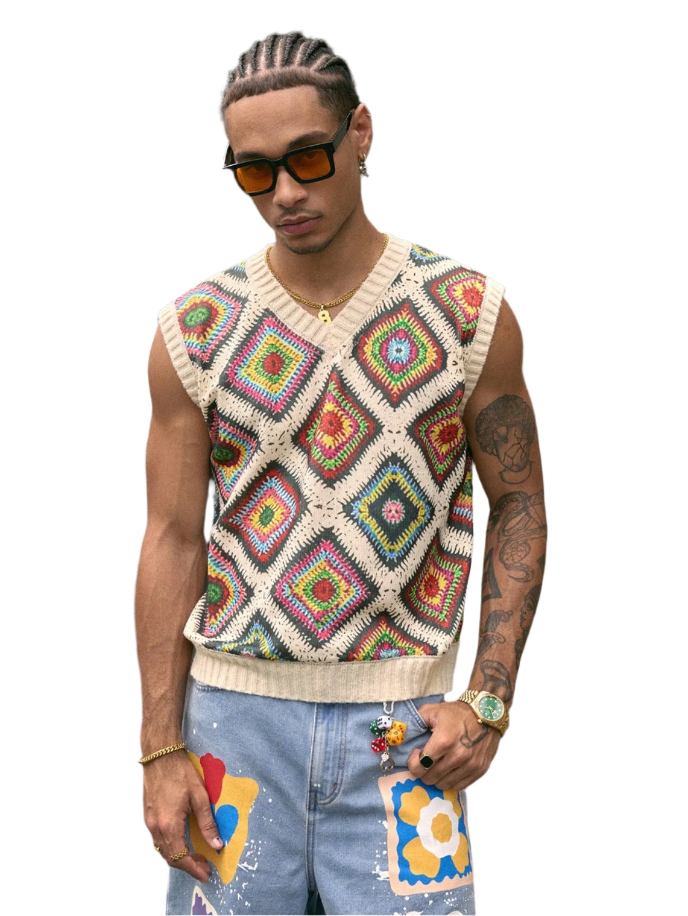 AXEPEAK Multi-Color Floral Pattern Men'S Summer Casual Knit Tank Top, Streetwear Inspired