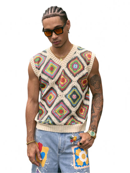 AXEPEAK Multi-Color Floral Pattern Men'S Summer Casual Knit Tank Top, Streetwear Inspired