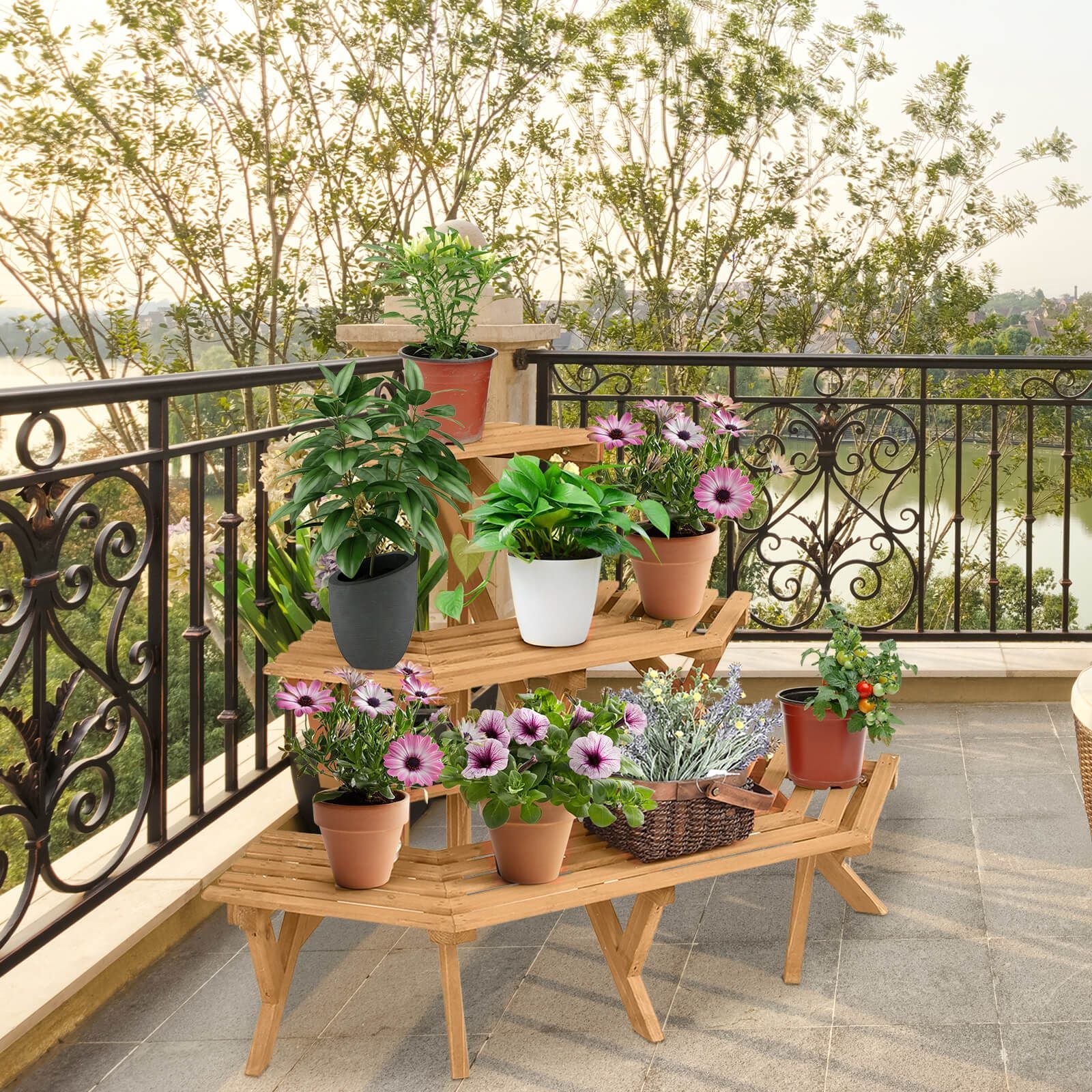 Three-Tier Wooden Plant Stand for Indoor and Outdoor Gardening Applications