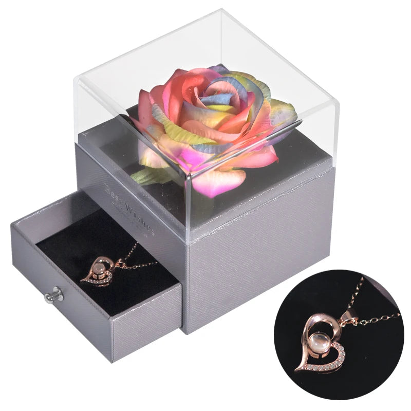 Eternal Rose Jewelry Box with 100 Languages "I Love You" Necklace – The Ultimate Romantic Gift!