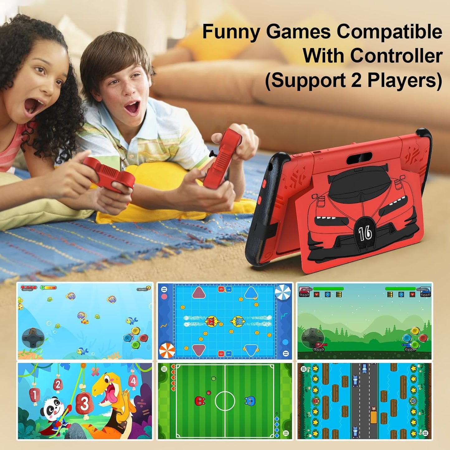 7 Inch Kids Tablets, Wifi Tablets for Kids, 8GB RAM, 32GB Rom,(Expandable 512GB), Toddler Tablet, Parental Control, Android 15, Sports Car Design, Toddler Tablet PC with Two Gamepad(Red).