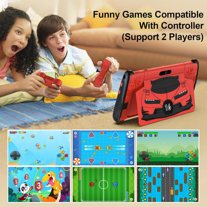 7 Inch Kids Tablets, Wifi Tablets for Kids, 8GB RAM, 32GB Rom,(Expandable 512GB), Toddler Tablet, Parental Control, Android 15, Sports Car Design, Toddler Tablet PC with Two Gamepad(Red).