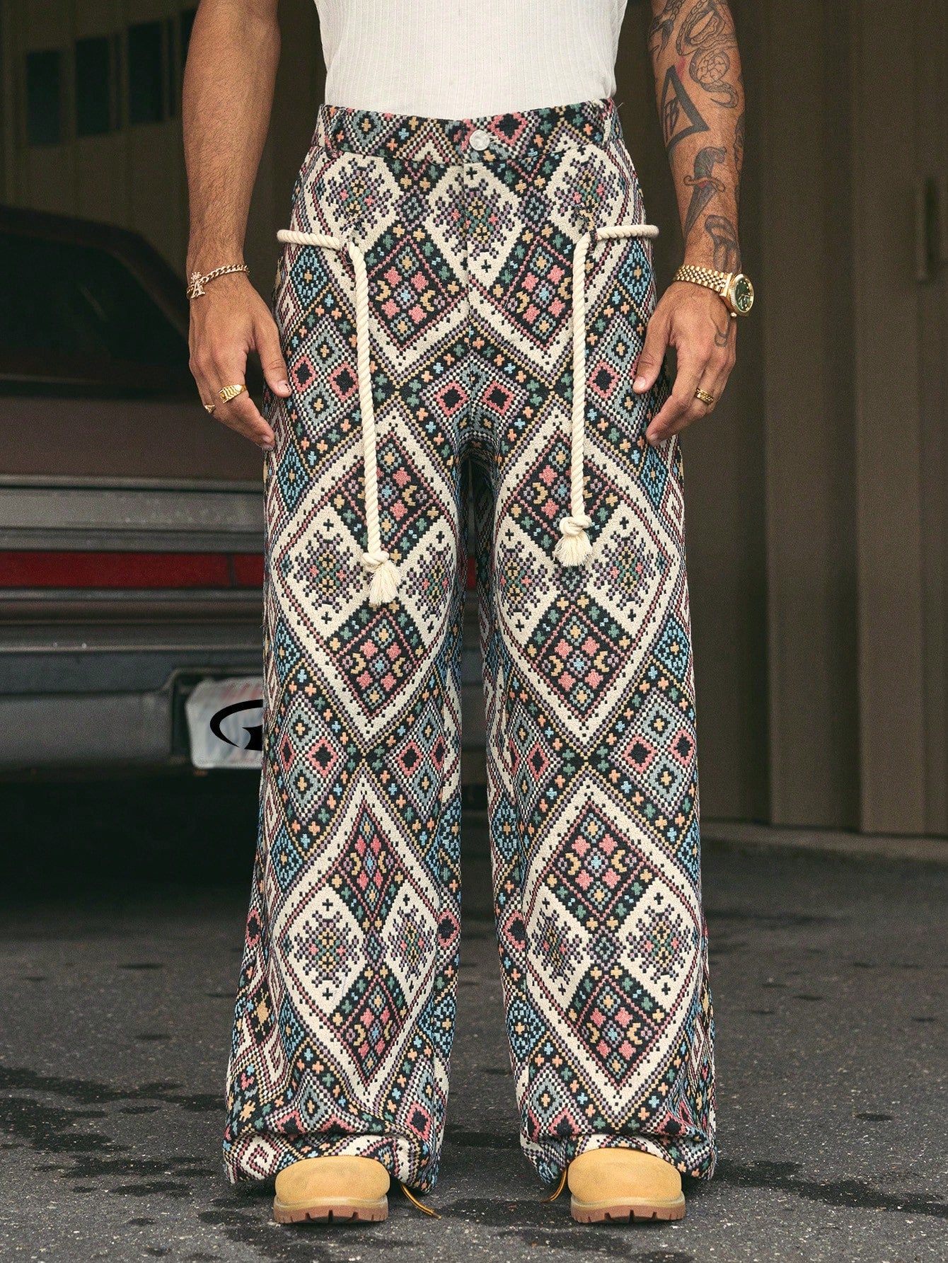 AXEPEAK Men'S Geometric Print Drawstring Waist Casual Pants, Vacation Style, Streetwear Ready