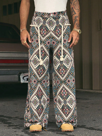 AXEPEAK Men'S Geometric Print Drawstring Waist Casual Pants, Vacation Style, Streetwear Ready
