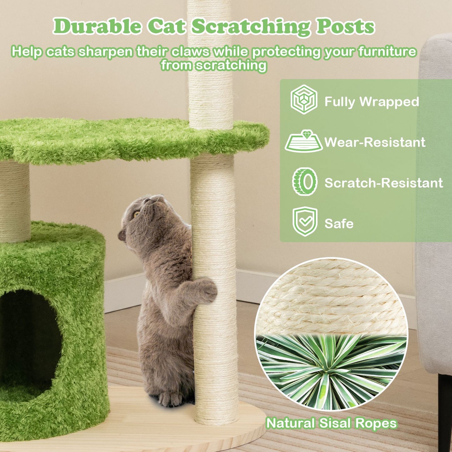 Deluxe 97 cm Cat Tree with Plush Green Cloud Platform and Fully Wrapped Sisal Scratching Posts