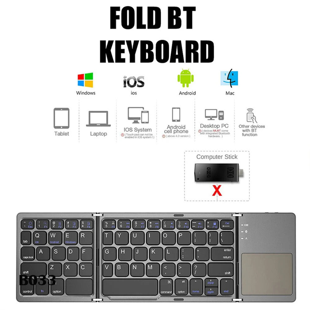 B033 Mini Wireless Bluetooth Keyboard with Touchpad - Portable Magnetic Triple Folding Design for Windows, Android, iOS, and iPad Phones