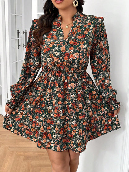 Plus Size Floral Notch Neck Dress for Women - Elegant Long Sleeve Casual Attire for Spring, Summer, and Fall