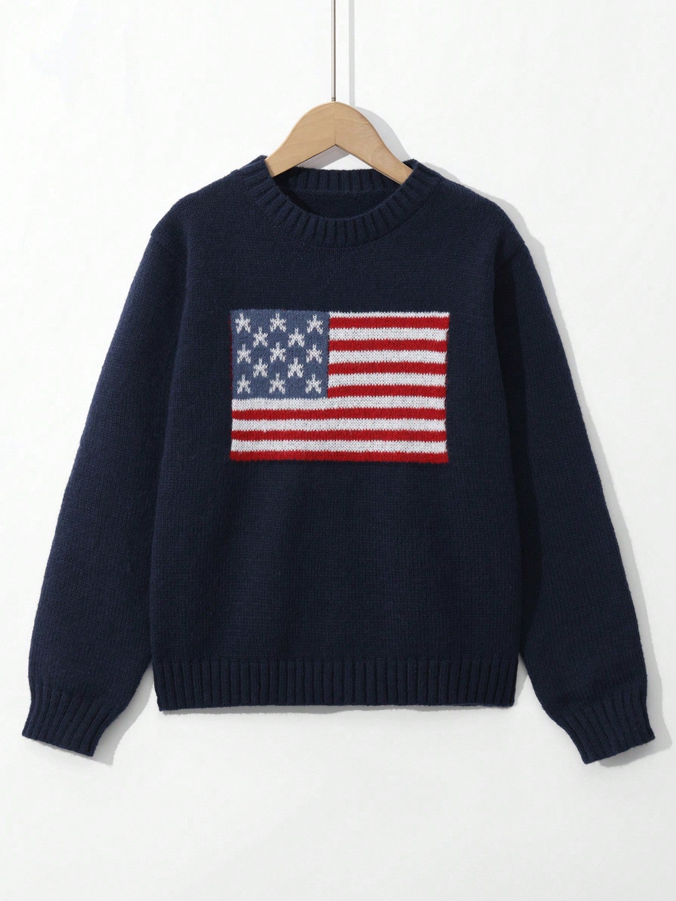 Girls' American Flag Pattern Knit Sweater - Tween Crew Neck Long Sleeve Pullover Top