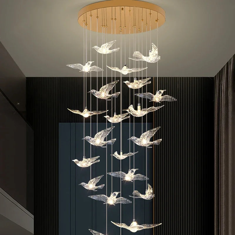 Luxury Led Chandelier for Staircase Modern Home Decor Hanging Lamp Creative Bird Design Lighting Acrylic Living Room Lustre