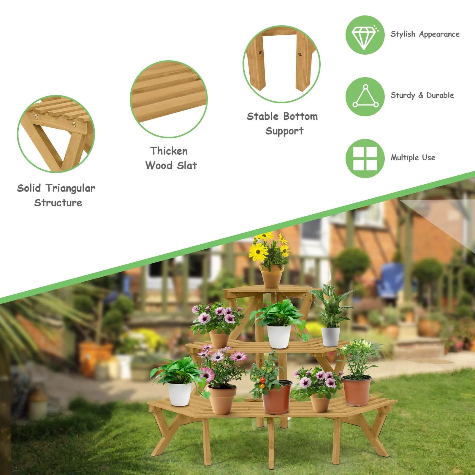 Three-Tier Wooden Plant Stand for Indoor and Outdoor Gardening Applications