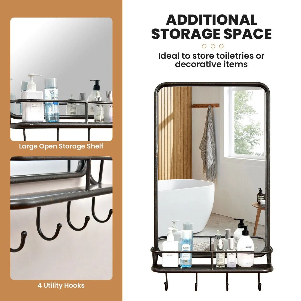 Rectangular Wall-Mounted Bathroom Mirror with Integrated Storage Shelf and Hooks System