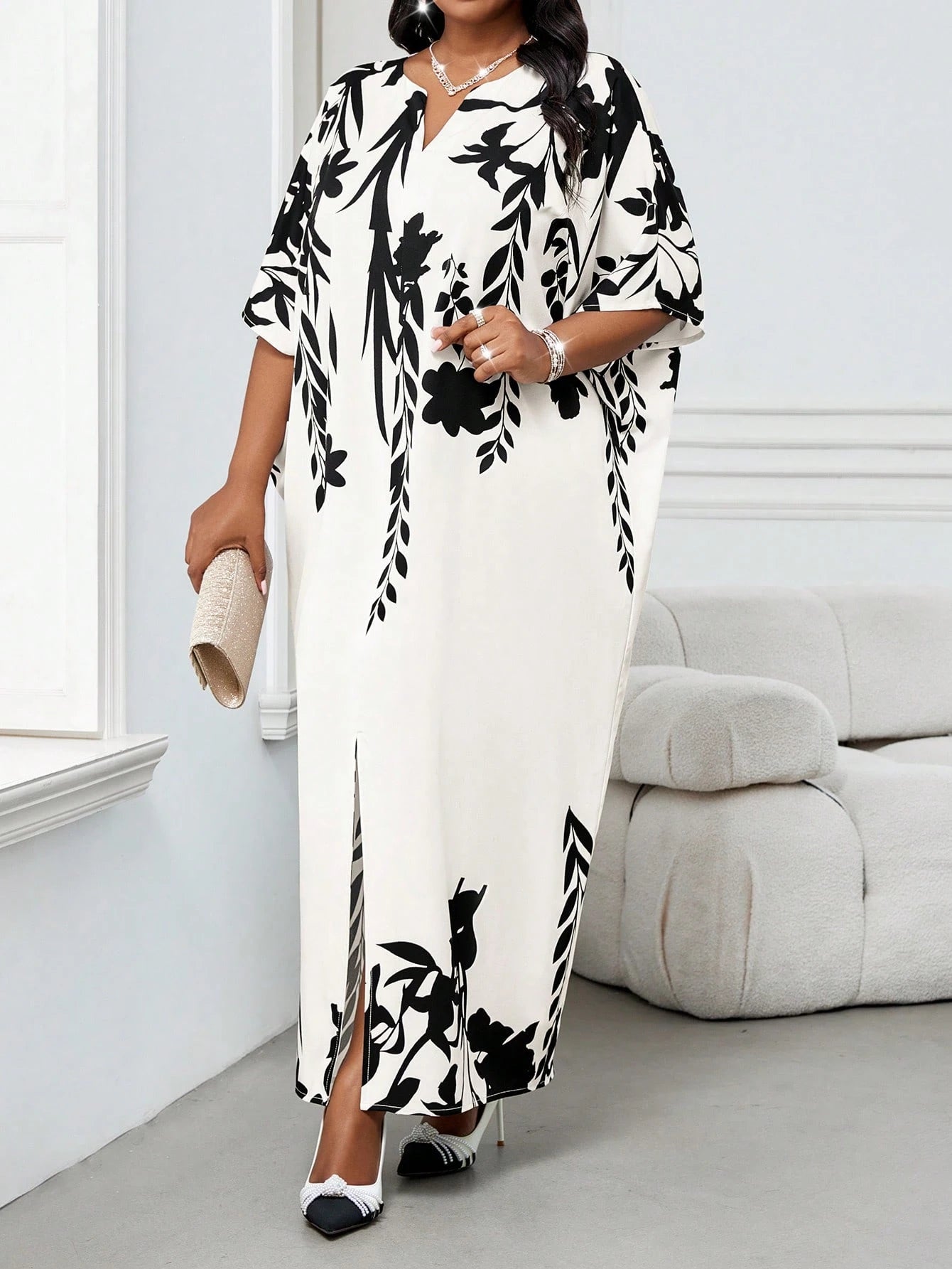 Elegant Plus Size Black and White Woven Flounce Collar Ball Gown with Belted Long Sleeves for Autumn and Winter Work Office, Vacation, and Summer Outfits