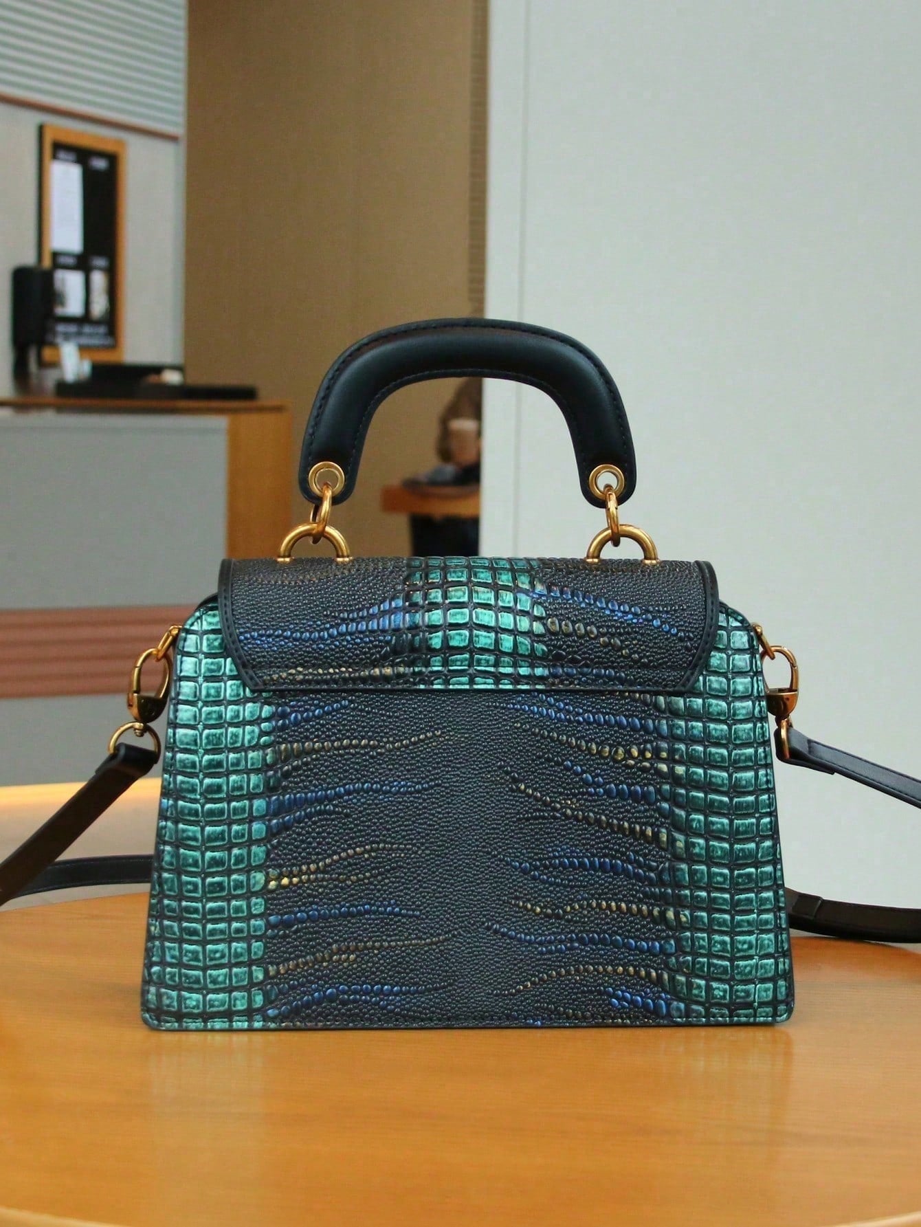Luxury Custom 2025 New Vintage Women'S Handbag, Fashion Elaborate Luxurious Blue & Gold Snake Print Lock Ornament Tote Bag, Mature Style Shoulder & Crossbody Bag, Detachable Handle