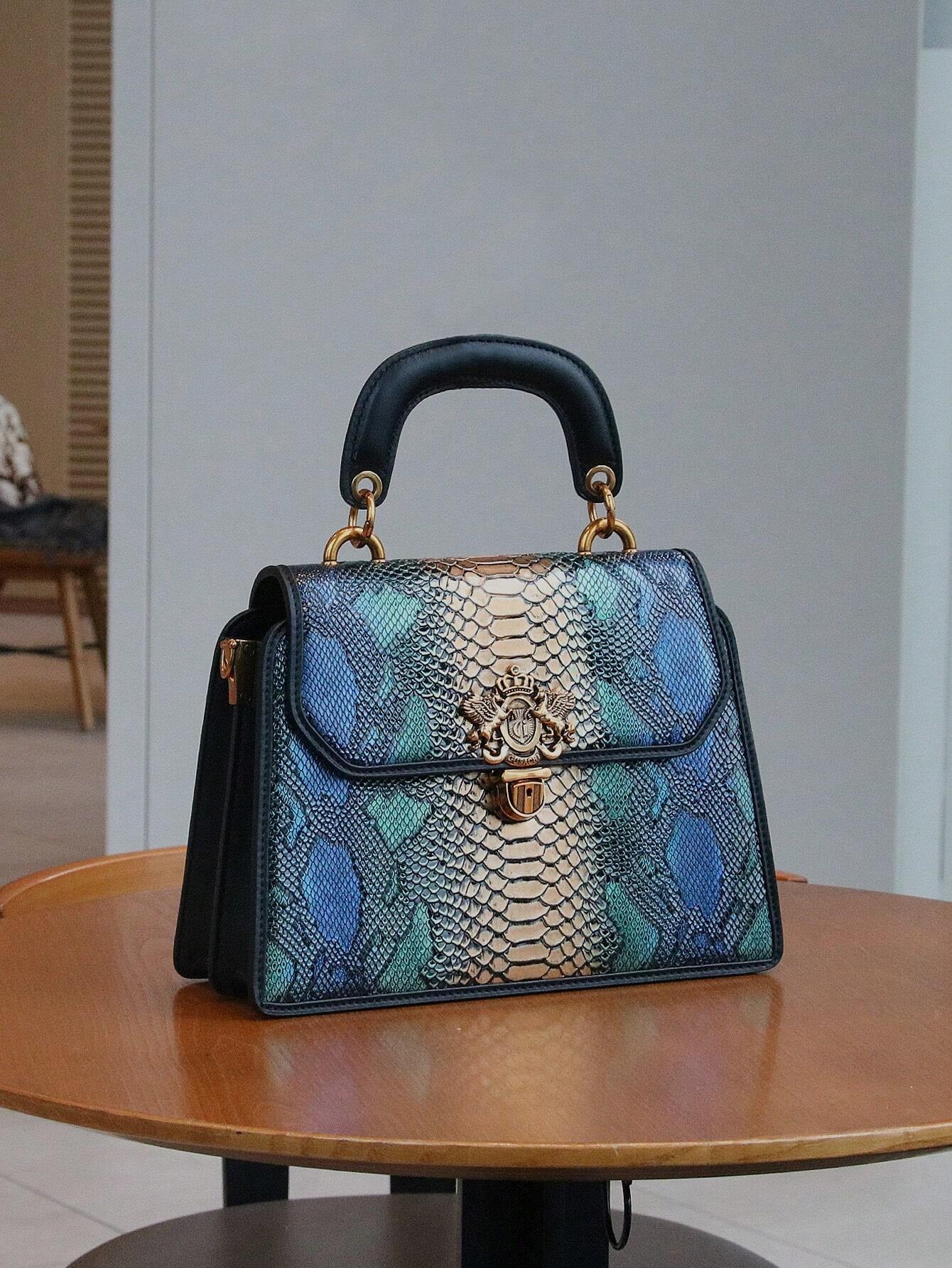 Luxury Custom 2025 New Vintage Women'S Handbag, Fashion Elaborate Luxurious Blue & Gold Snake Print Lock Ornament Tote Bag, Mature Style Shoulder & Crossbody Bag, Detachable Handle