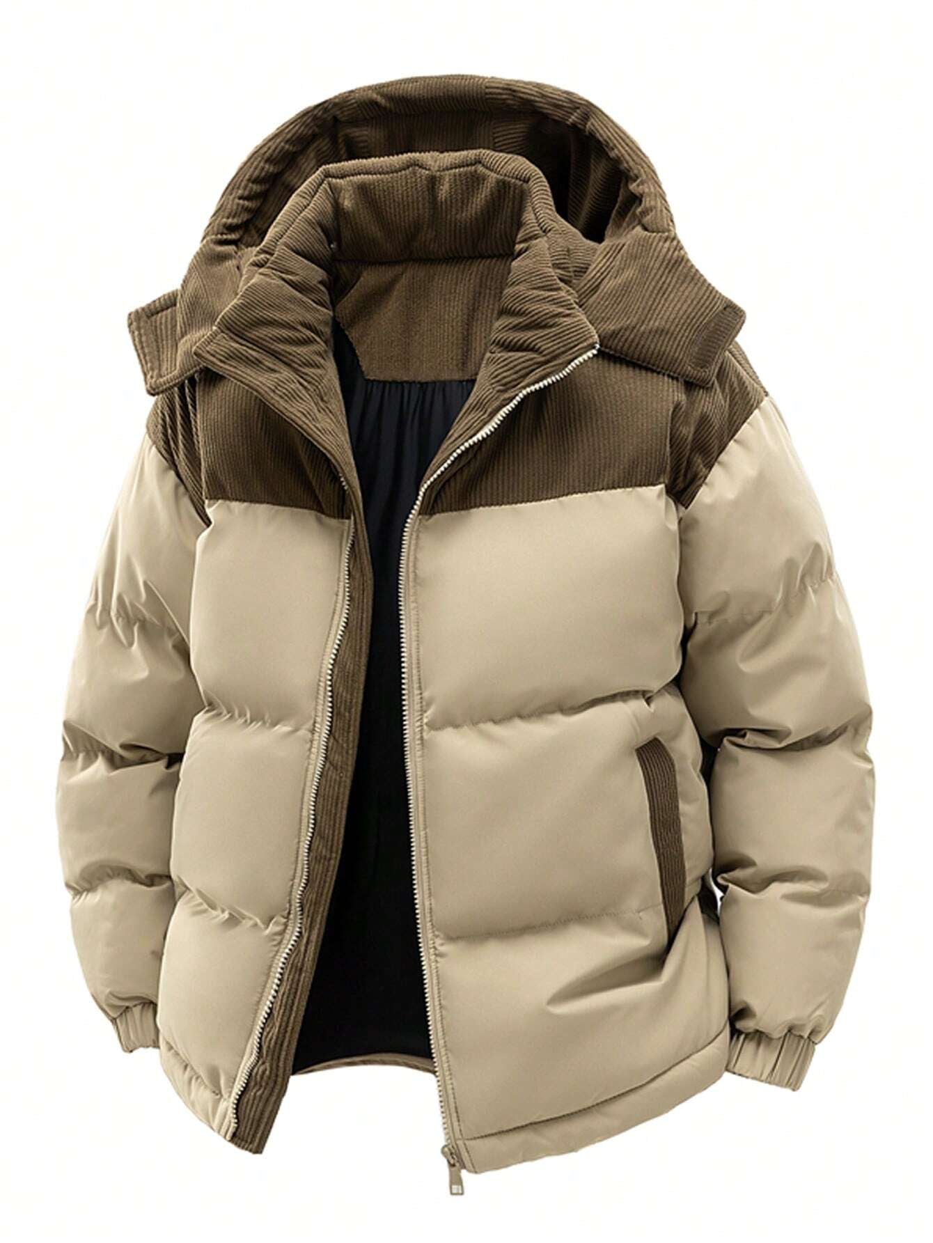 Men'S Autumn/Winter Contrast Color Thickened Warm Hooded Padded Coat
