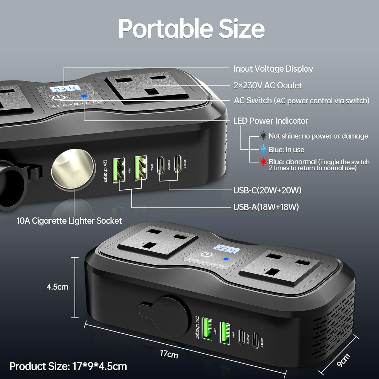 7 in 1 Multi Car Power Inverter 200W 12V to 240V Voltage Converter with LED Voltmeter, 4-Port PD/QC3.0 USB Charge, 3-Pin Sockets and Cigarette Lighter Splitter, USB C Car Charger for Laptop
