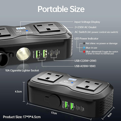 7 in 1 Multi Car Power Inverter 200W 12V to 240V Voltage Converter with LED Voltmeter, 4-Port PD/QC3.0 USB Charge, 3-Pin Sockets and Cigarette Lighter Splitter, USB C Car Charger for Laptop