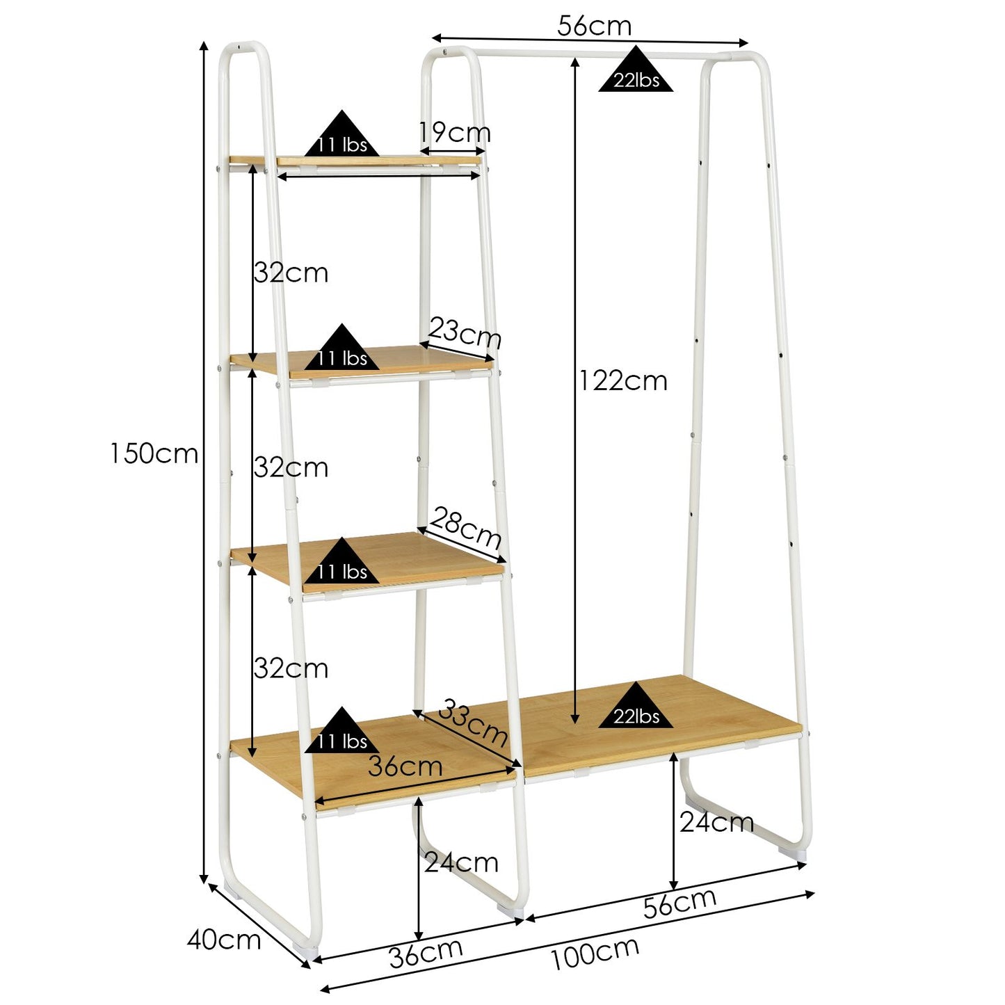 Free-Standing Clothing Rack with Five-Tier Wooden Shelves