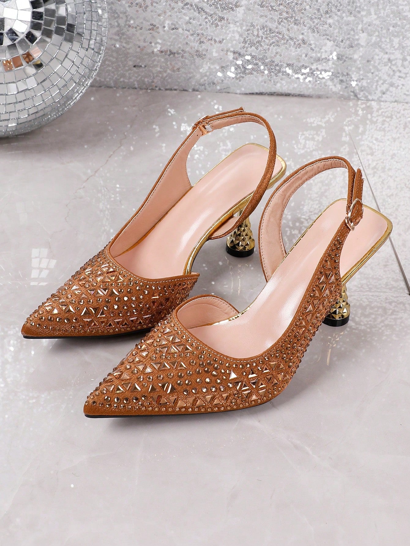 Pink Elastic Strap Back Rhinestone Women'S Sandals, Pointed Toe Backless Square High Heel Shoes, Unique Design
