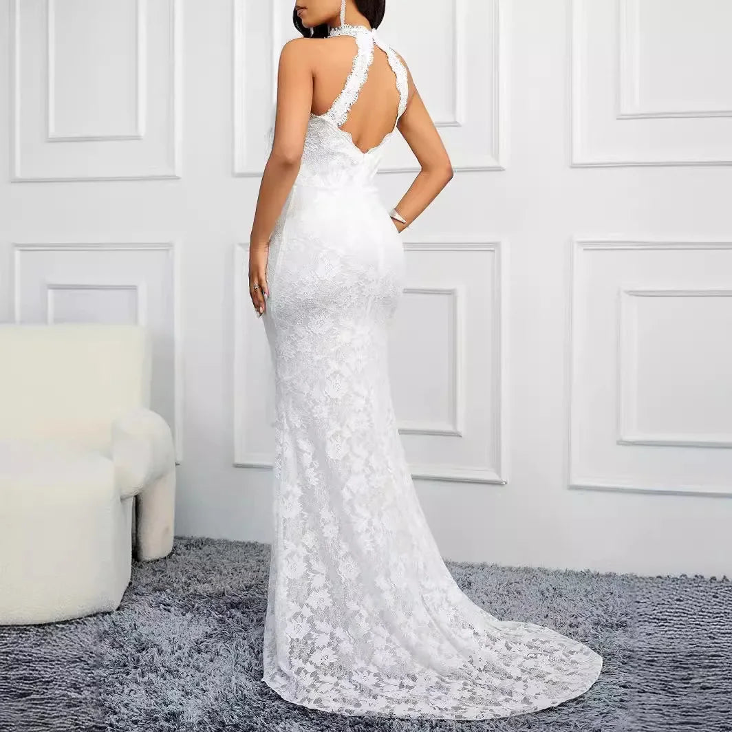 Women Lace Dress Elegant White Halterneck Sleeveless Backless Sexy Slim High Waist Bag Hips Bridesmaid Banquet Cocktail Party
