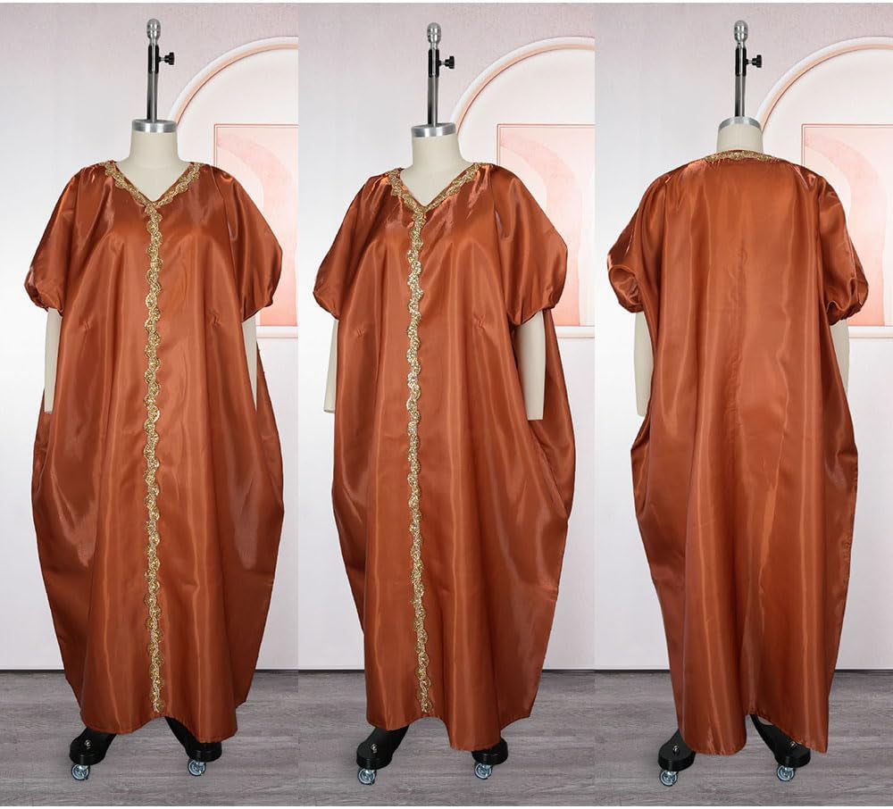 African Print Boubou Dress for Woman Rhinestone Kaftan Casual Gown Half Sleeves
