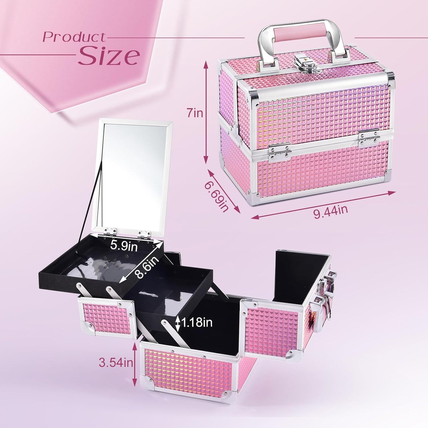 Holographic Pink Makeup Box Vanity Case - Lockable Cosmetic Organizer with Mirror for Professional and Personal Use