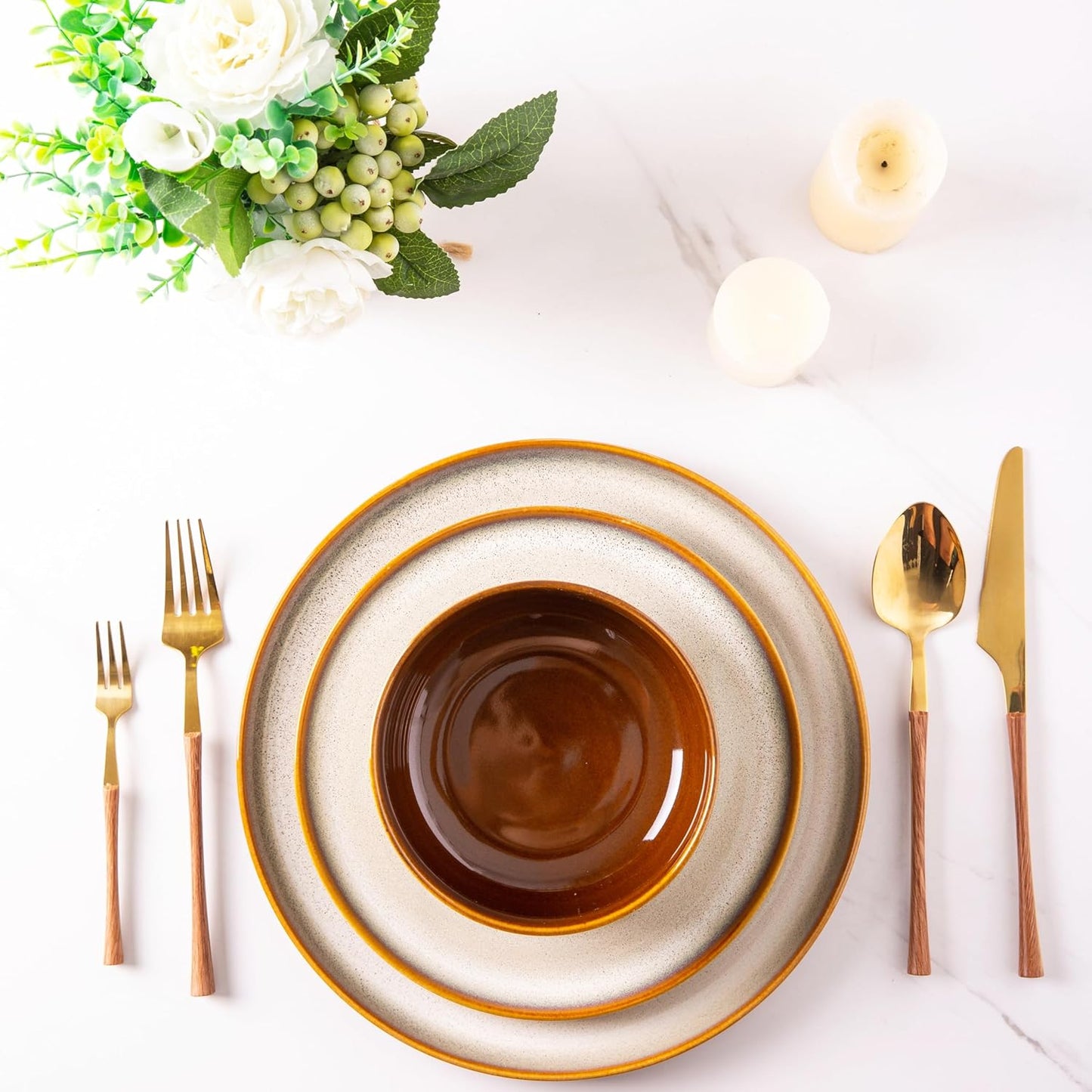 Dinner Set for 6, 18 Piece Stoneware Plates and Bowls Set, Chip & Scratch Resistant Reactive Glazed Dinnerware Set, Dishwasher & Microwave Safe Crockery Set (Cappuccino, Service for 6)