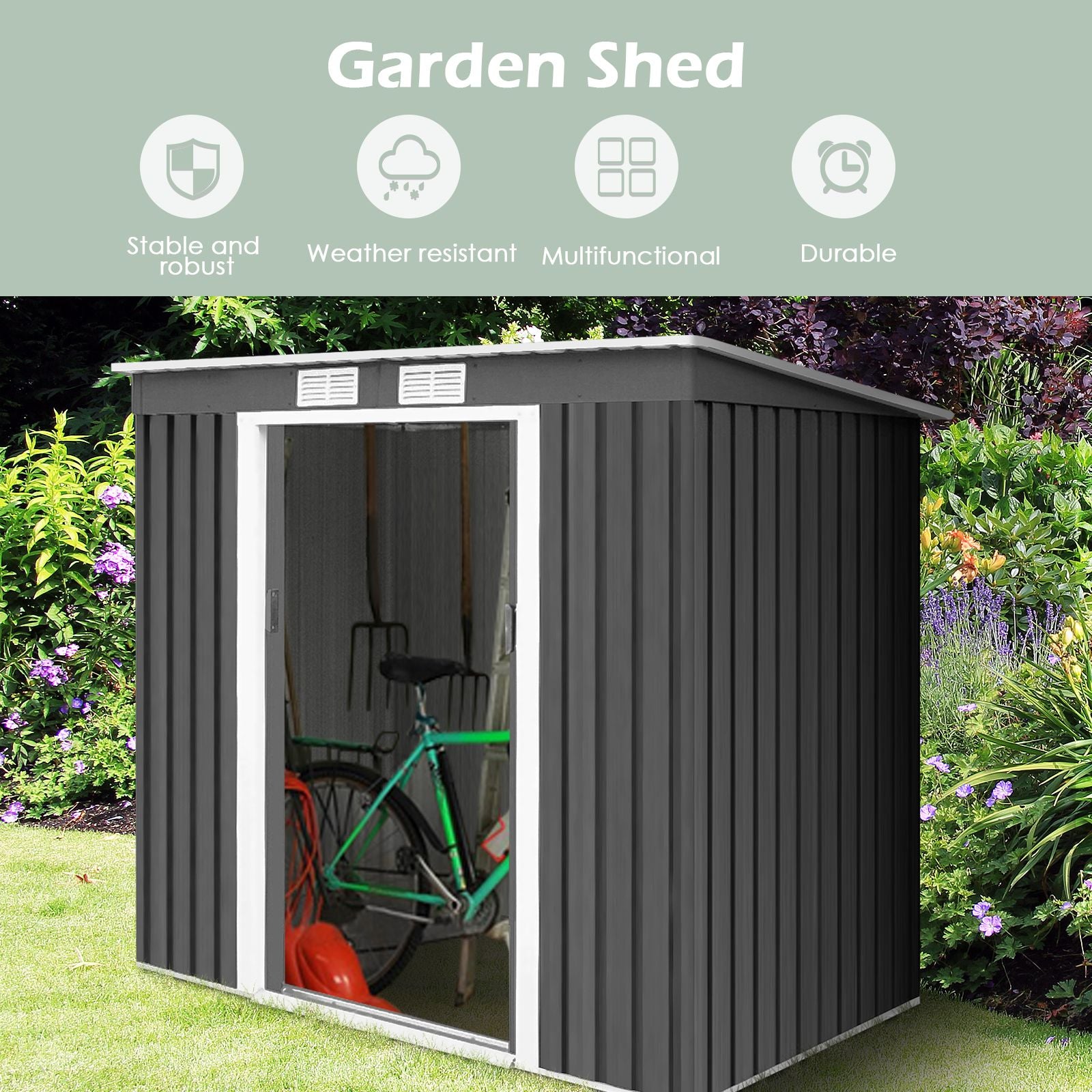 Metal Outdoor Garden Storage Shed with Sloped Roof Design