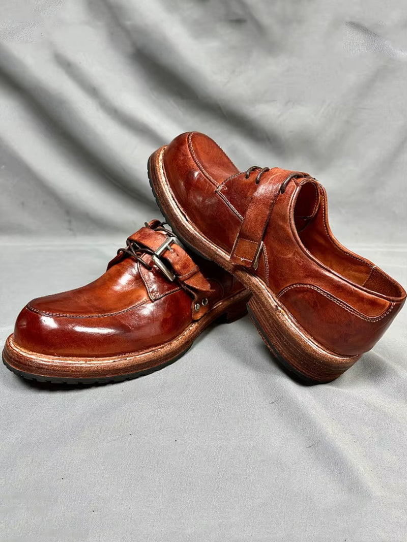 Handmade Mens Horsehide Genuine Leather Derby Shoes Thick Bottom Vintage Dress Shoes British Style round Toe Work Cargo Shoes