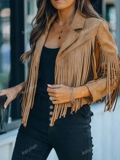 Astylish Women Western Wear Long Sleeve Fringe Open Front Faux Suede Moto Jacket Festival Outfit