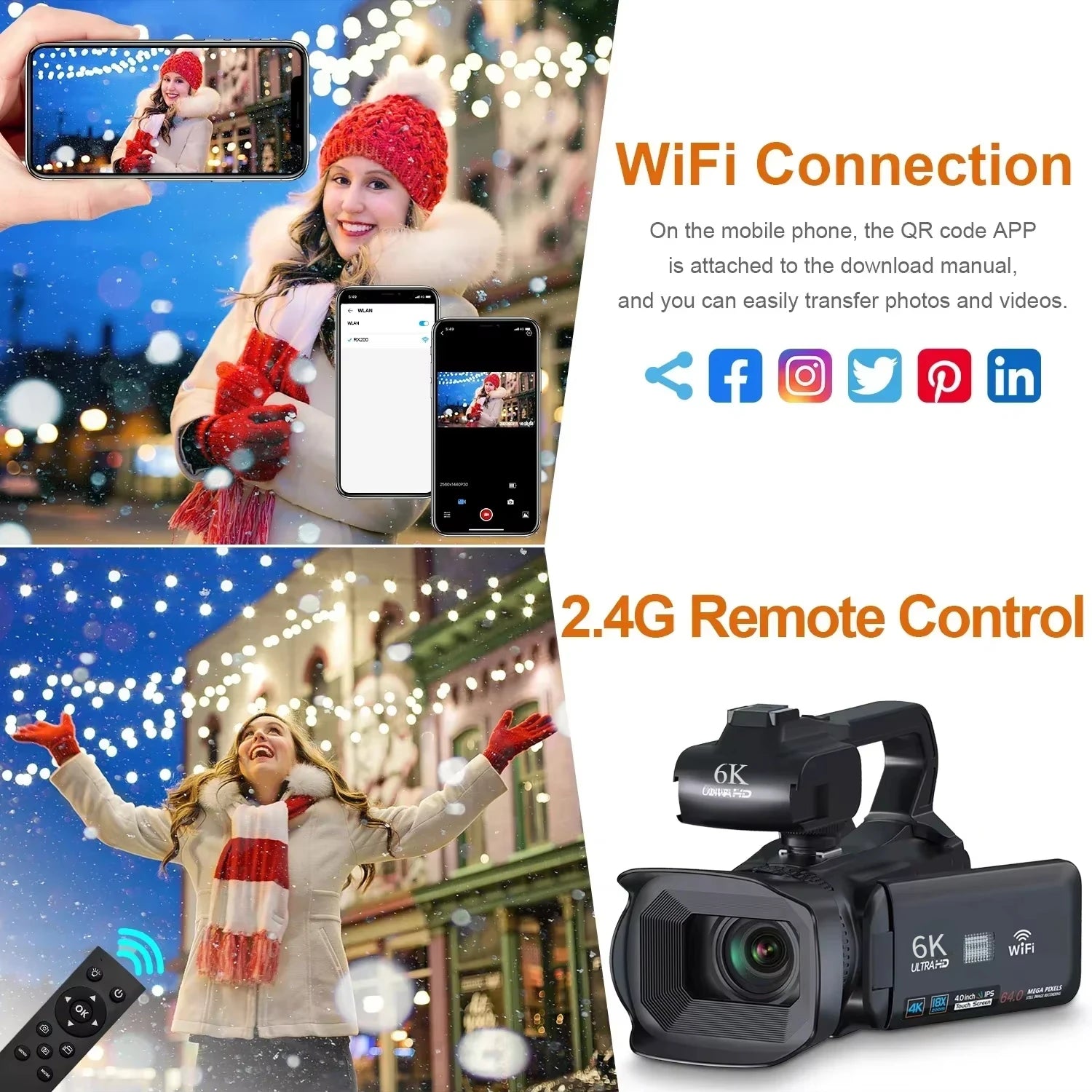 6K Professional Video Camera for Photography 18X Digital Zoom Night Vision Vlogging Camera 64MP Wifi Livestream Webcam Camcorder