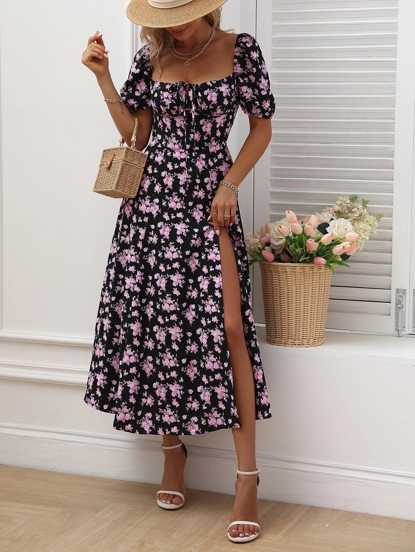 Women's Floral A-Line Maxi Dress with Split Thigh for Holiday Beach Getaways