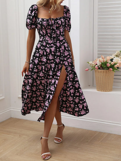 Women's Floral A-Line Maxi Dress with Split Thigh for Holiday Beach Getaways