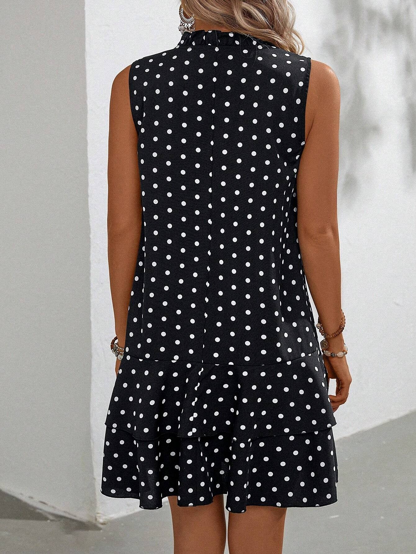 Emery Rose Polka Dot Tie Neck Ruffle Hem Smock Dress