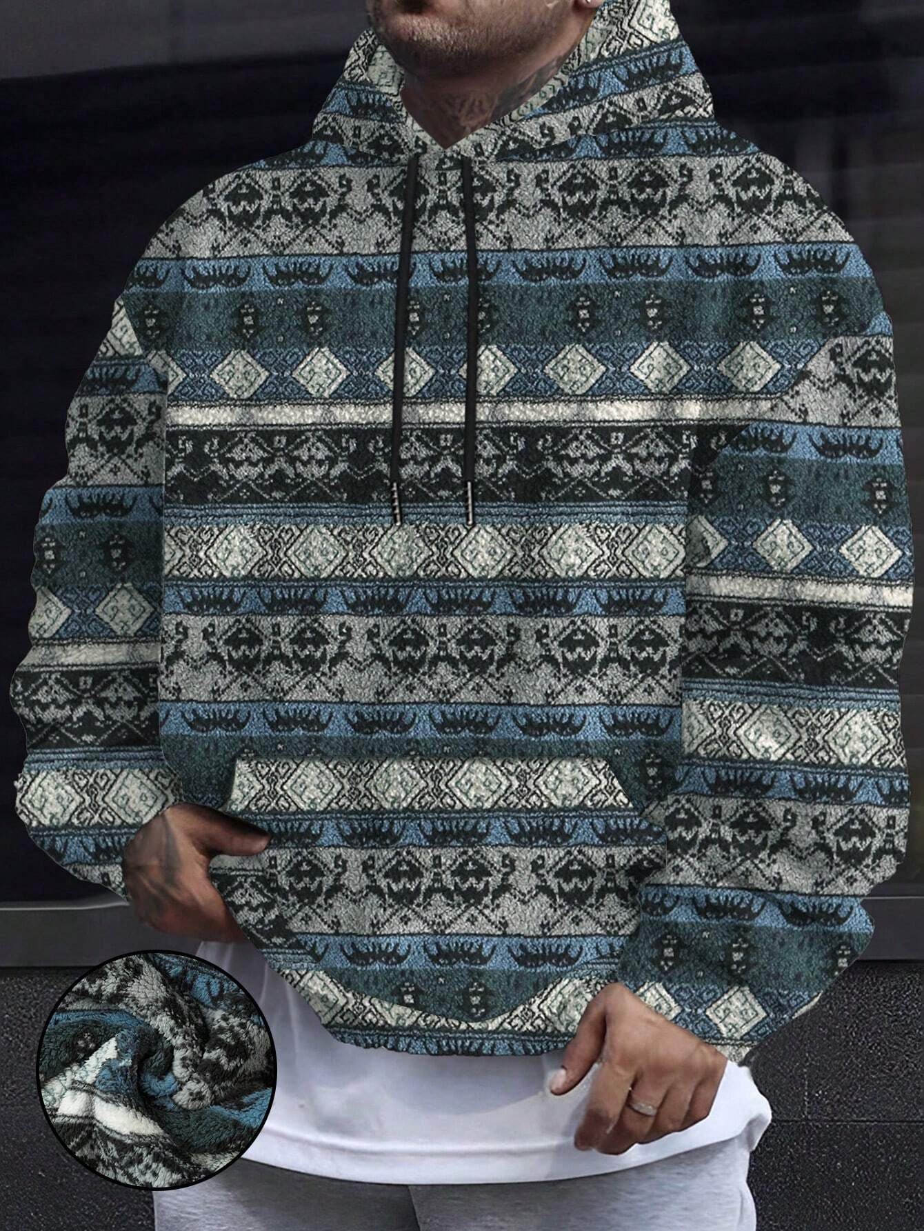 Men'S Totem Print Hooded Sherpa Fleece Sweatshirt