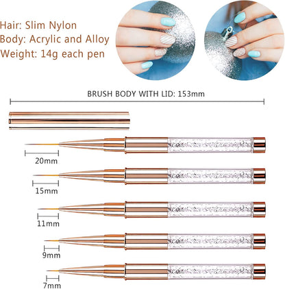 5PCS Nail Art Liner Brushes Long Set with Lid and Diamand Handle 7/9/11/15/20Mm,  Fine Detail Painting Cap Pens Kit Thin Acrylic Line Brush Tools for DIY Professional Design Rose Gold